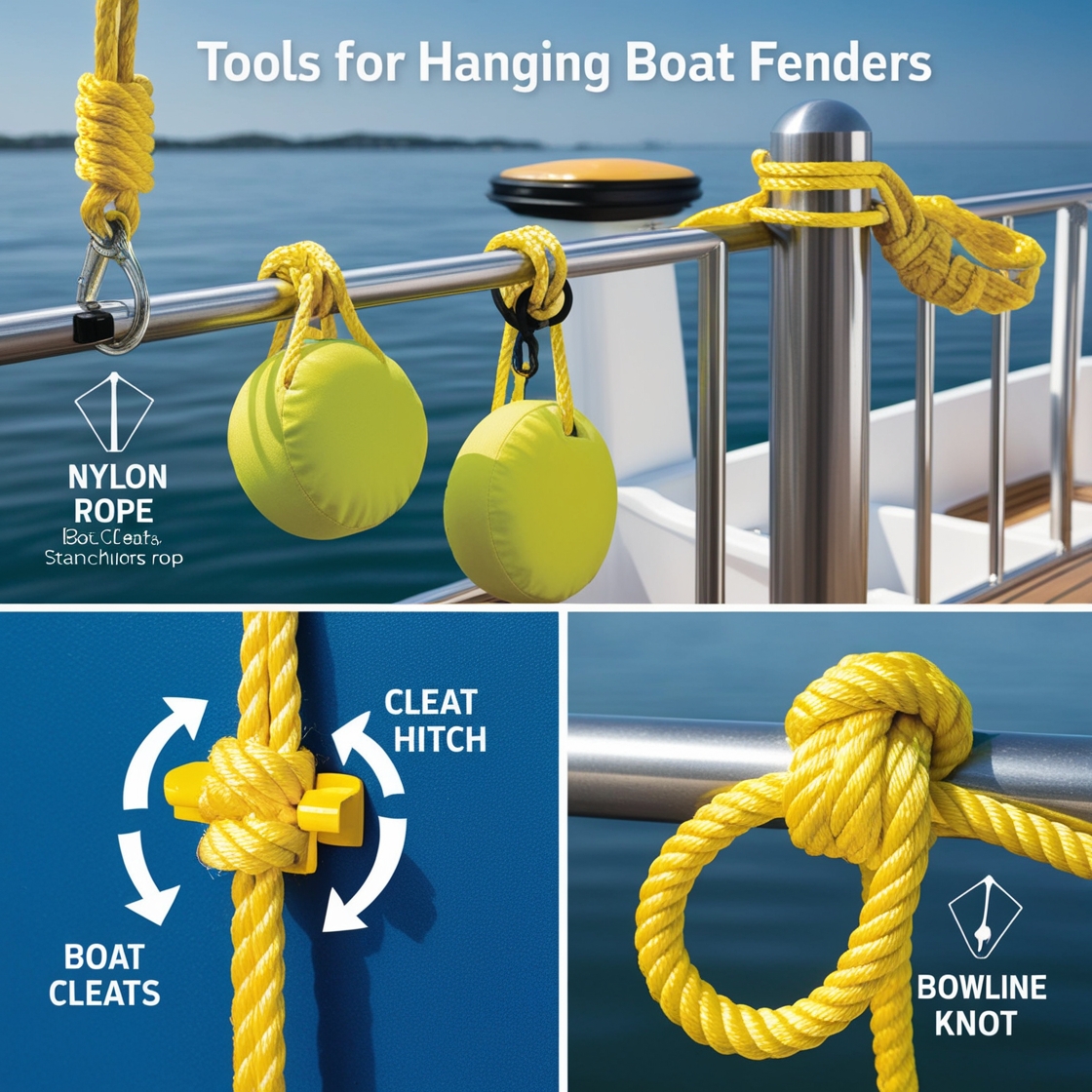 Illustration of clove hitch, cleat hitch, and bowline knots used to tie boat fenders securely.