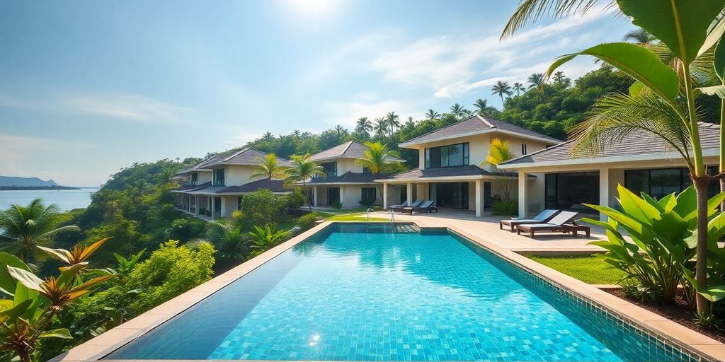 Luxurious Thai villas with tropical surroundings and swimming pool.