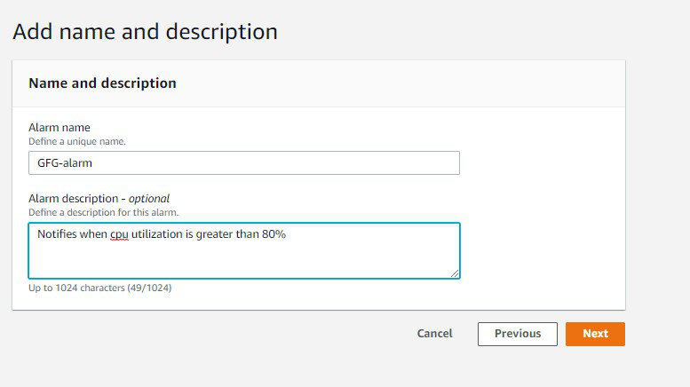 Configure the threshold, choose an SNS topic, name the alarm, and create it.
