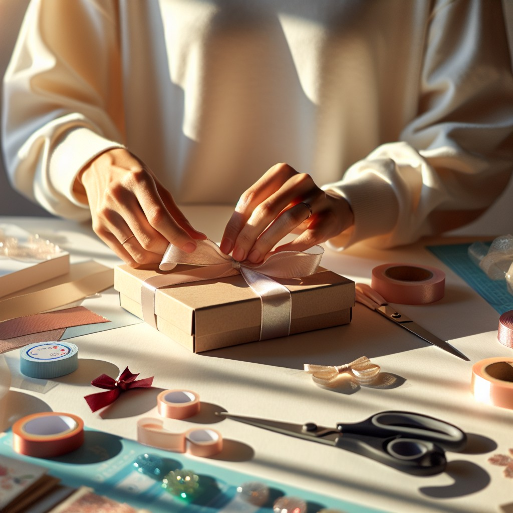 person tying ribbon on gift box with wrapping supplies around