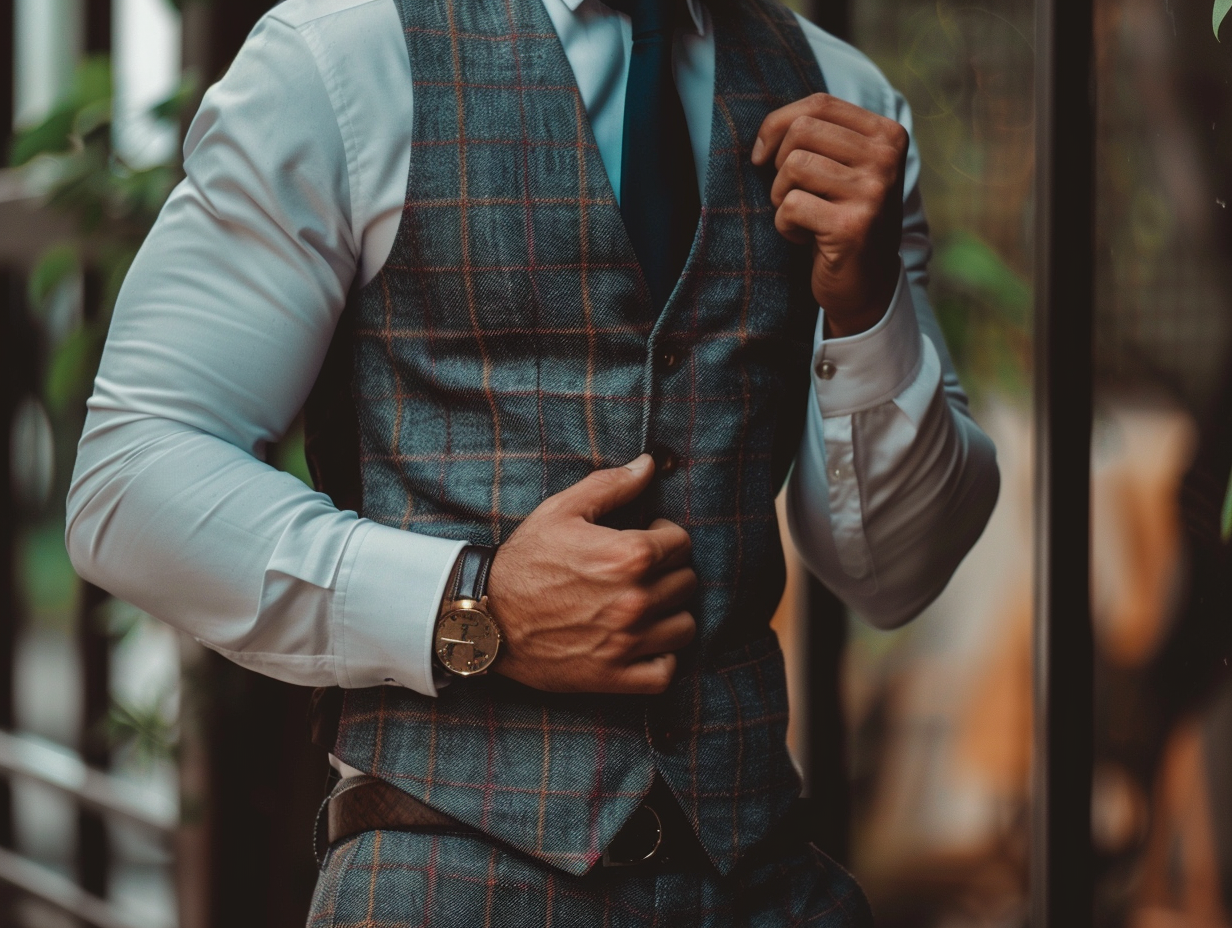 A man wearing a slim-fit vest, tailored for a sharp, contemporary look. The vest fits closely to the body, providing a sleek silhouette, and is paired with a slim-cut suit or tuxedo. The modern, fitted appearance is perfect for those seeking a more tailored, sharp style.