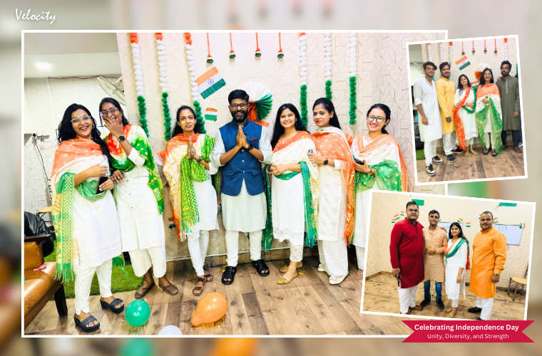 Velocity Software Solutions employees wear traditional ethnic attire to celebrate Independence Day.