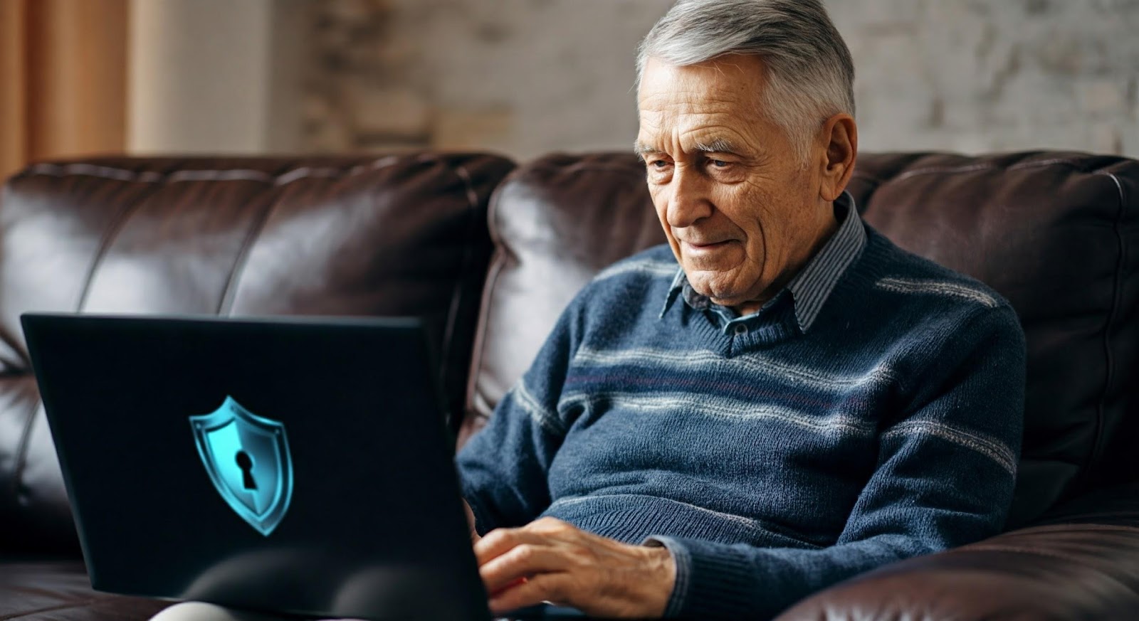 An elderly person sitting on a couch using a laptop with a lock image and shield visible on the screen