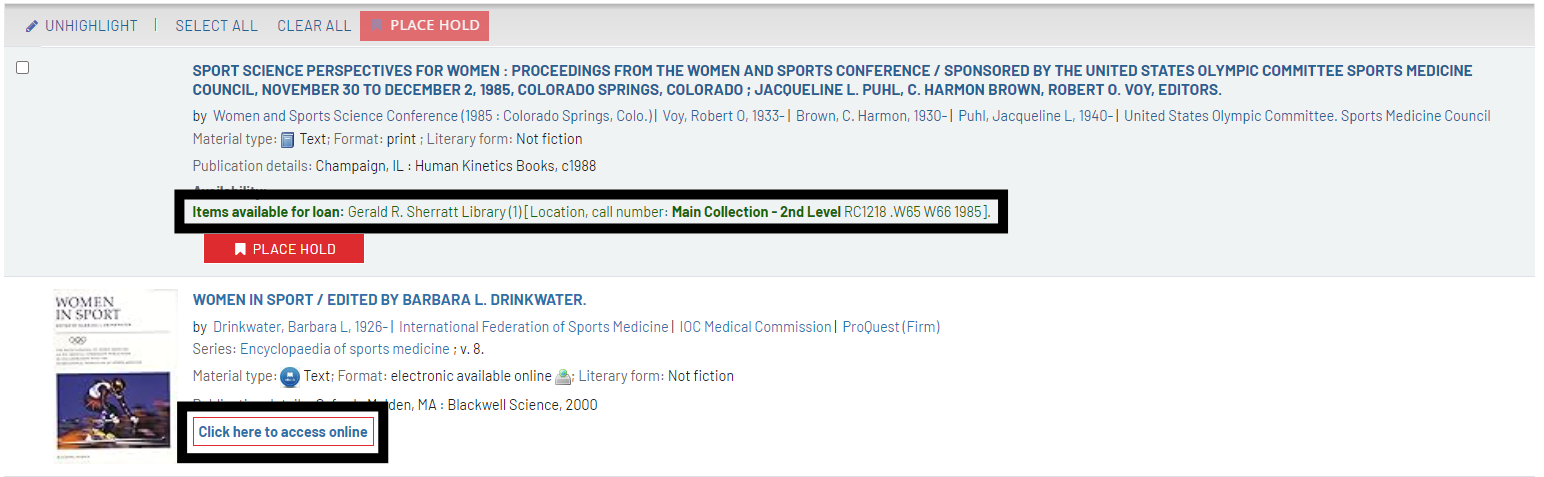 screenshot of a results list in the catalog, highlighting how to access two different books. The call number for a print book and the access link for an ebook.