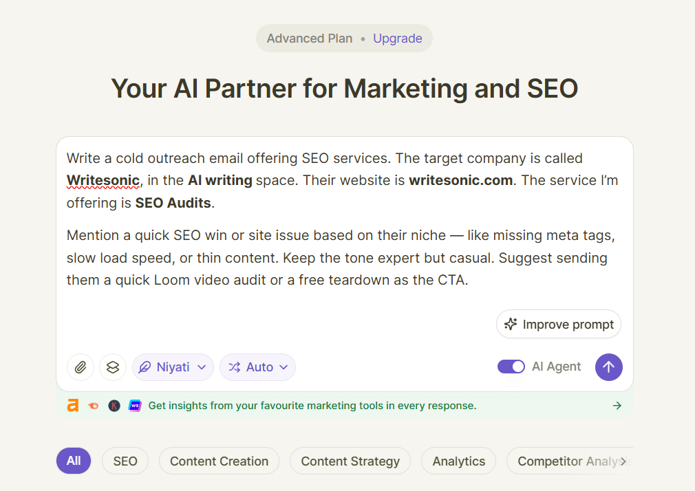 An example prompt to use in SEO AI Agent