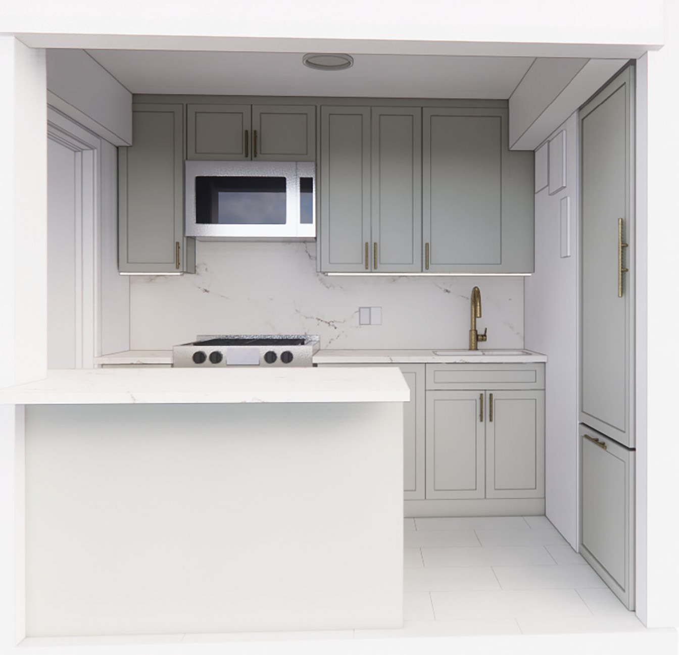 Small white kitchen with pale gray-green cabinets and matching recessed refrigerator cabinet.