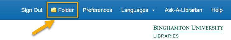 screenshot of the Ebsco Database toolbar with a box and arrow pointing to the "folder" button.