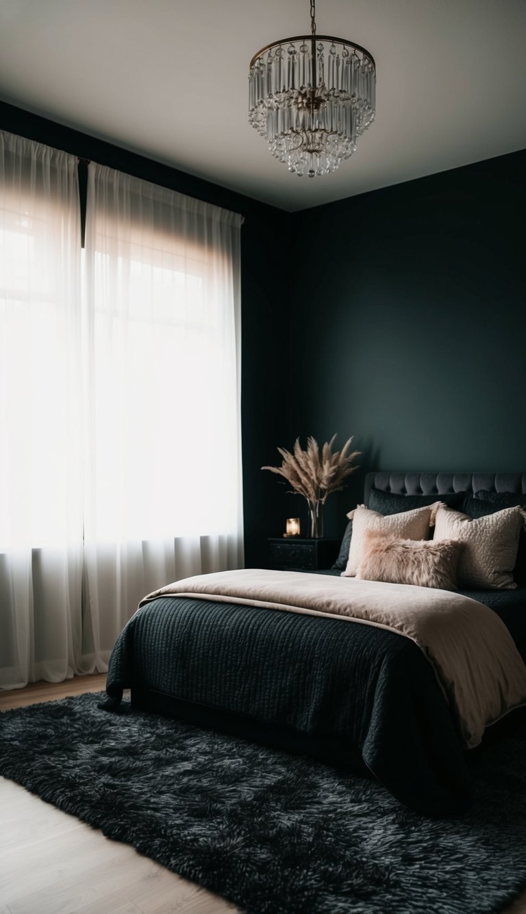 A dark, feminine bedroom with a charcoal area rug