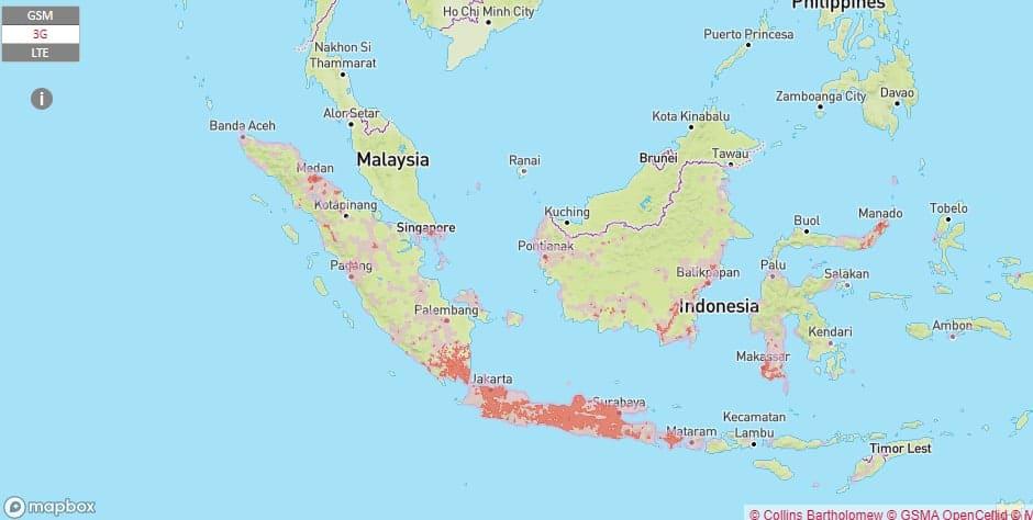 Indosat 4G回線 インドネシア内サービスエリアマップ
