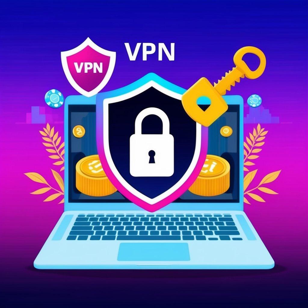 A laptop with a lock icon surrounded by a shield, a padlock, and a key, with a casino and a VPN logo in the background