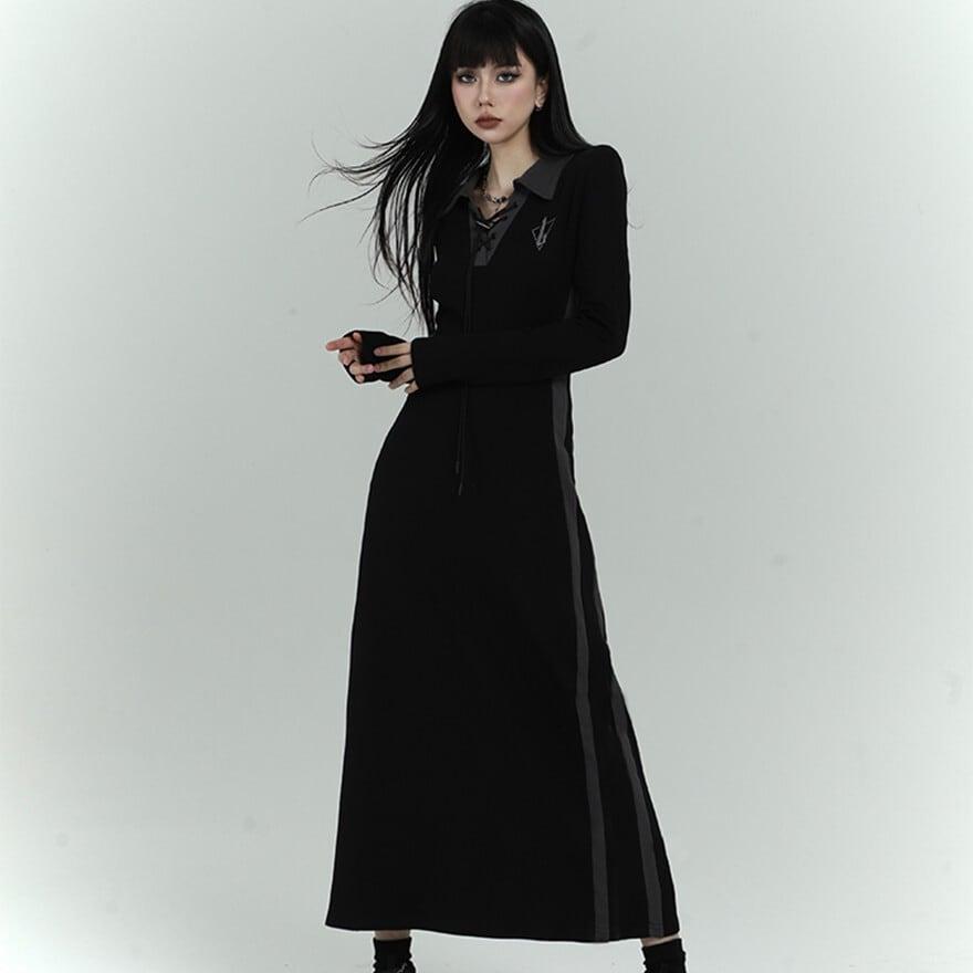 美しくも妖艶なアシンメトリーロングゴシックのVネック長袖ワンピース