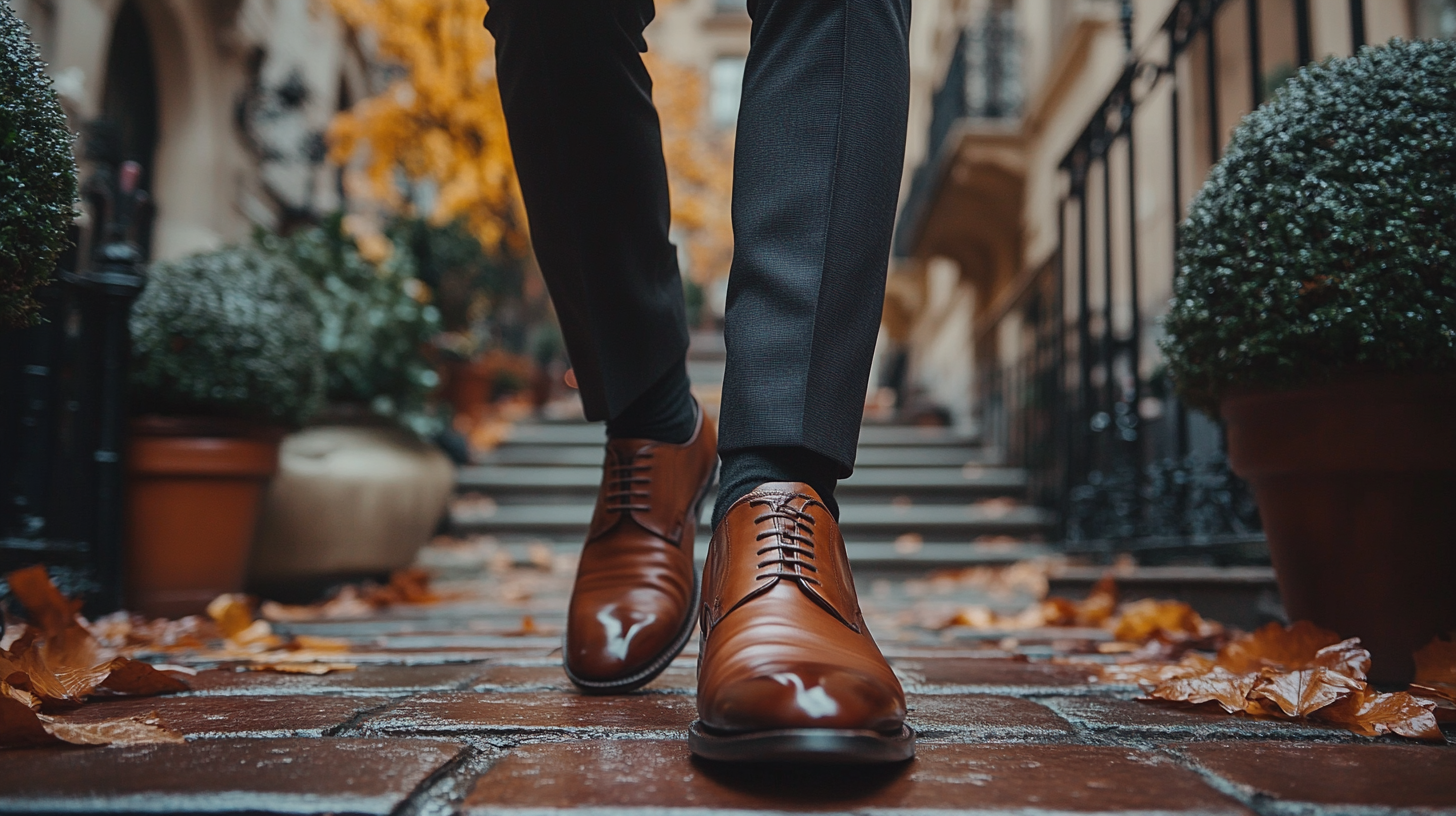 A groom in a perfectly tailored black suit, wearing a rich dark brown shirt underneath. The dark brown shirt adds a touch of warmth to the outfit, while still maintaining an elegant, formal look. The contrast between the deep black suit and the warm brown shirt creates a stylish, sophisticated appearance. The groom’s look is completed with polished brown leather shoes, adding depth to the overall ensemble. The scene is set in an elegant wedding venue, capturing the groom’s confident, refined style as he prepares for his special day, blending classic formality with a warm, unique twist.