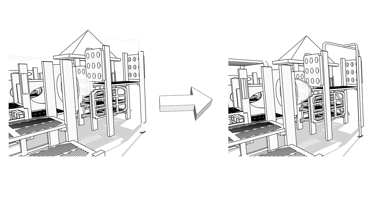 At left is a play structure with a whited-out area in the center. At right is the play structure with the whited out area replaced with line work.