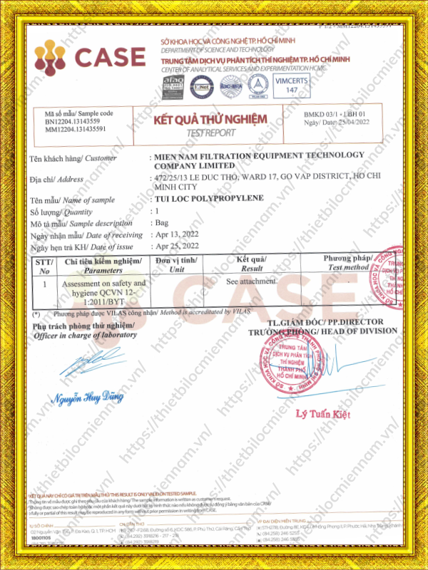 Chứng nhận kiểm nghiệm túi lọc nước PP
