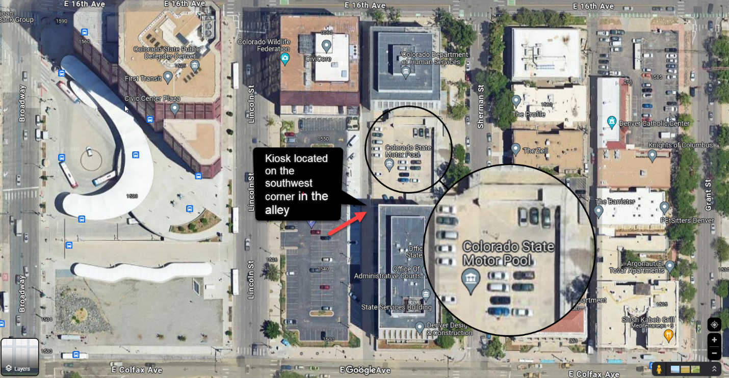 Map showing location of motor pool kiosk located on the southwest corner in the alley