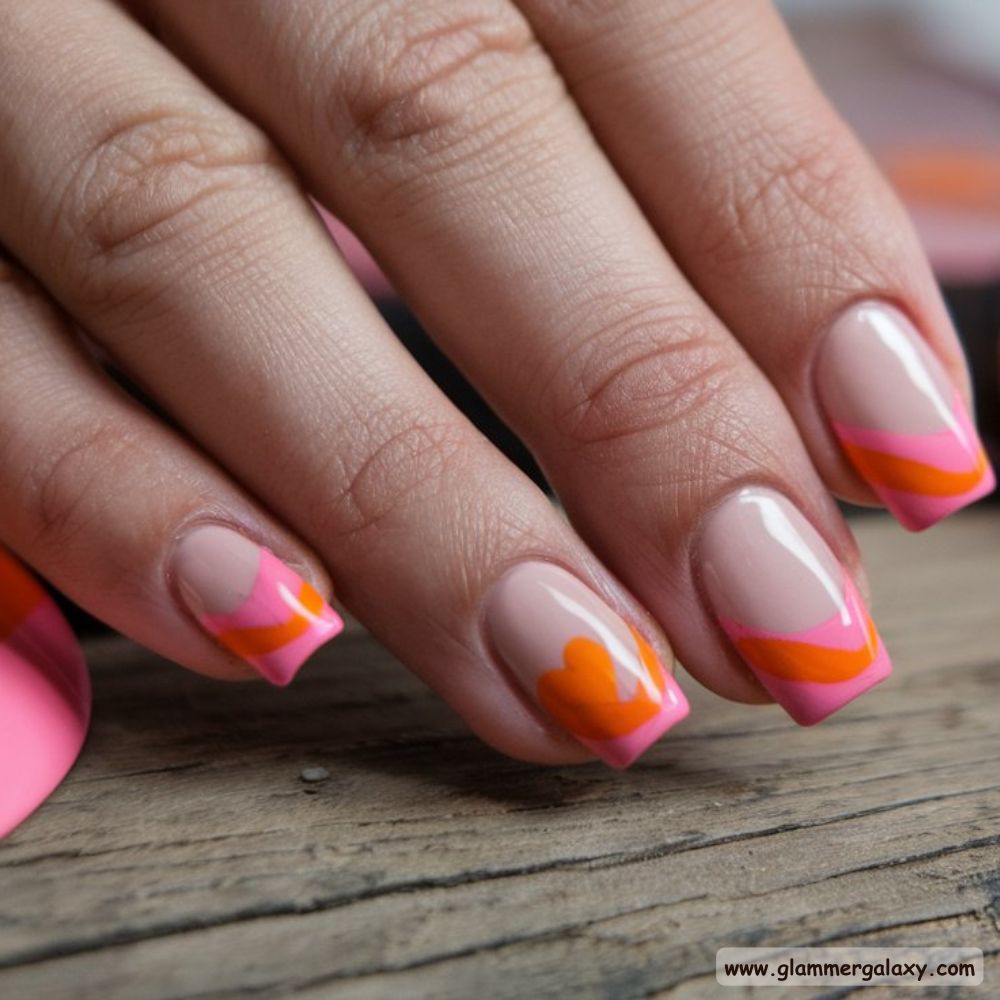 Orange and Pink Summer Nails with Modern Double French