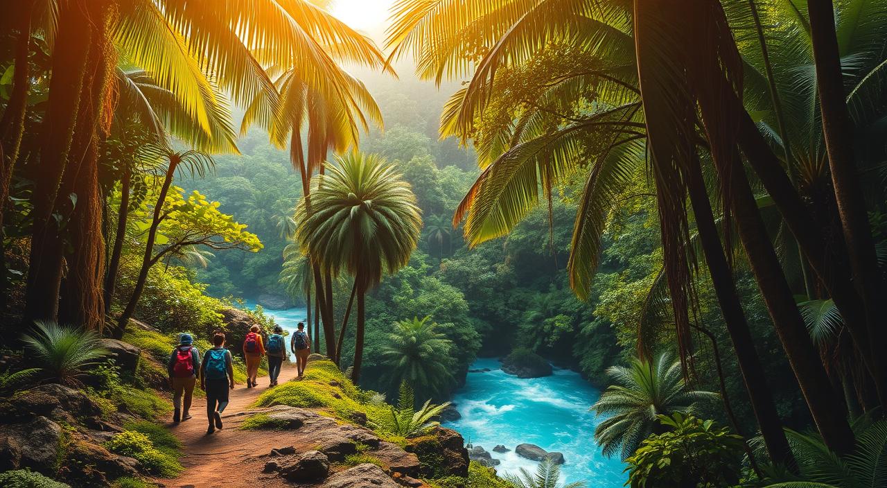 Lush, vibrant jungle canopy with towering palm trees and cascading vines, illuminated by warm, diffused sunlight filtering through the leaves. In the foreground, a well-worn hiking trail winds through the undergrowth, dotted with ferns and moss-covered rocks. A group of &amp;amp;quot;Adventure Travel&amp;amp;quot; explorers navigate the path, their backpacks and adventure gear visible. In the distance, a rushing river cuts through the dense foliage, its turquoise waters glistening. The atmosphere is one of discovery and immersion in the untamed beauty of the rainforest.