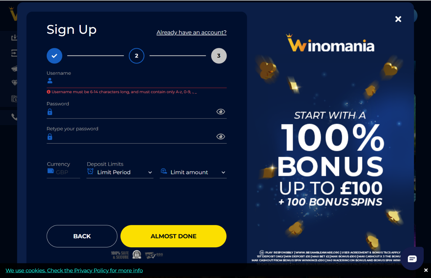 Winomania casino sign up - step two