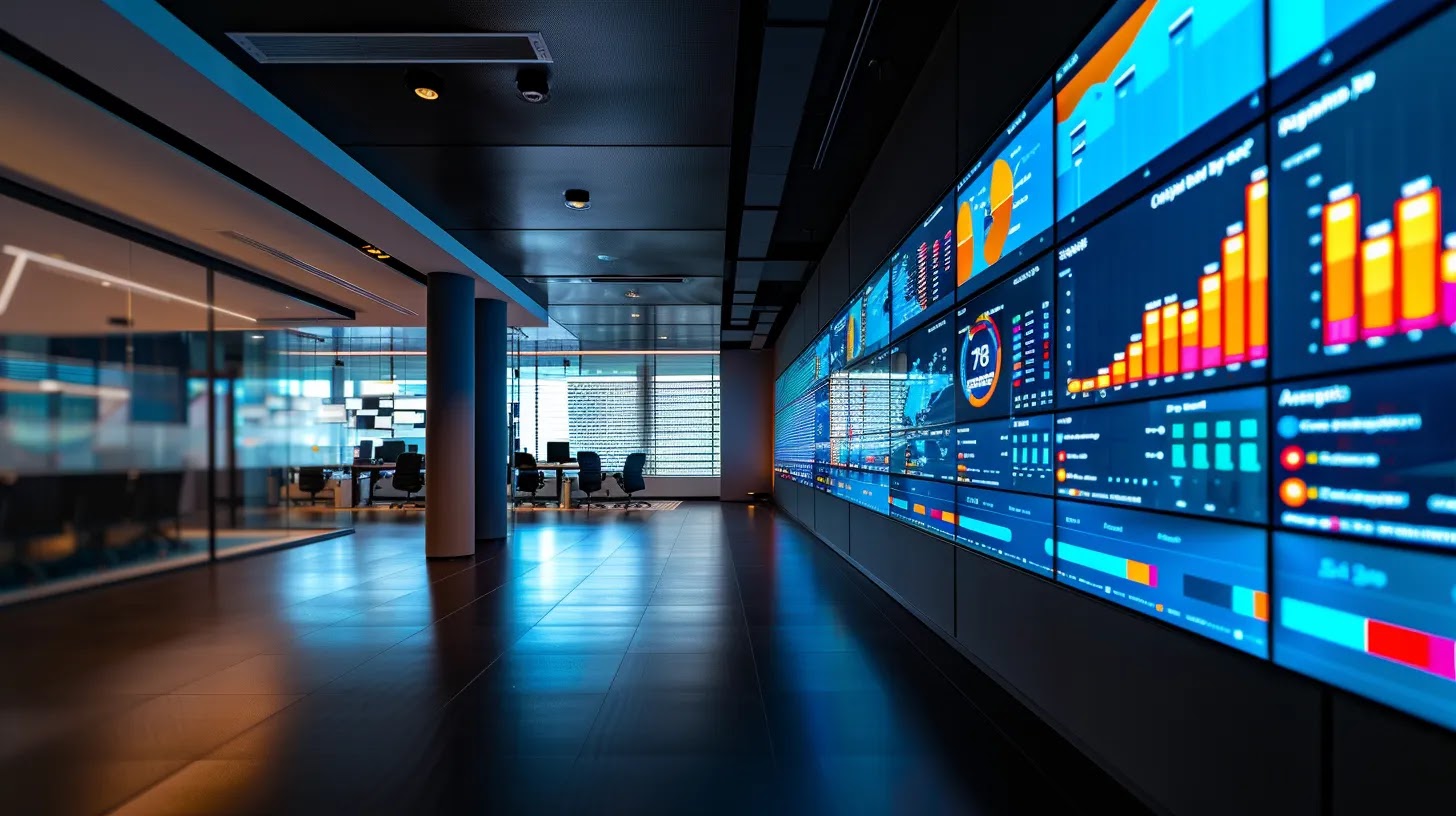 a sleek, modern office workspace features a futuristic crm interface displayed on a dynamic digital screen, showcasing advanced ai analytics and personalized customer insights in vibrant colors, reflecting the sophistication of technology in enhancing business strategies.
