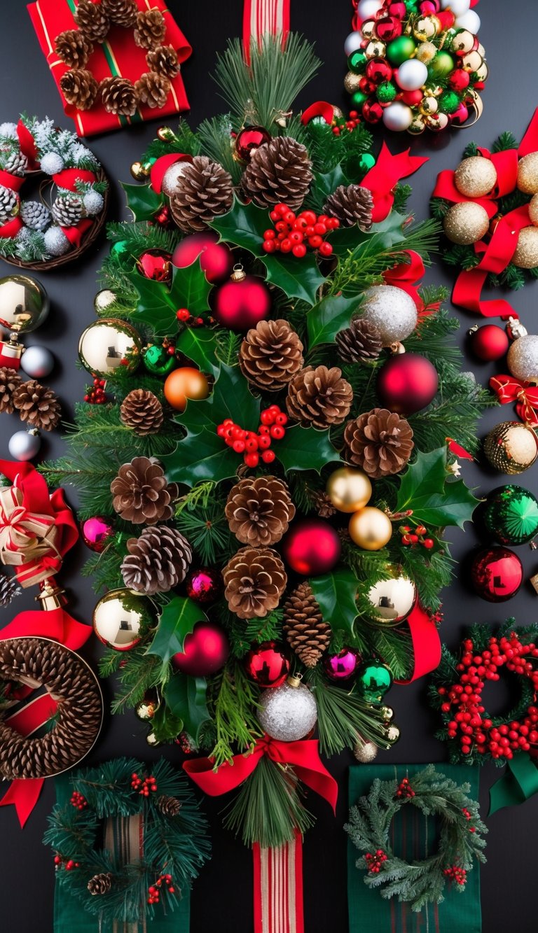 A festive table filled with various materials such as pinecones, holly, ribbons, and ornaments, surrounded by a collection of 31 different Christmas wreath ideas