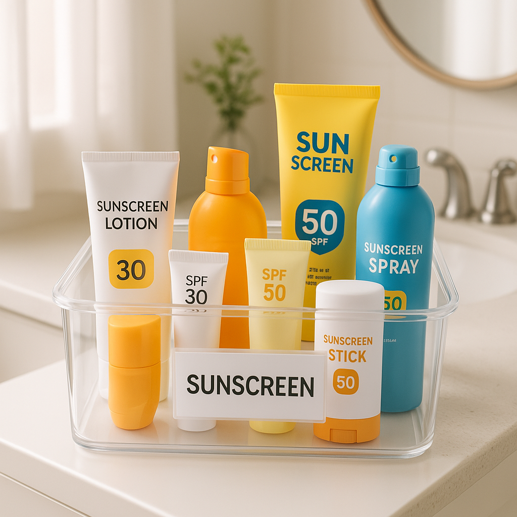 Thumbnail Image A clear plastic bin filled with sunscreen bottles, sprays, and sticks, labeled and organized. The setting is a bathroom or vanity with natural light.