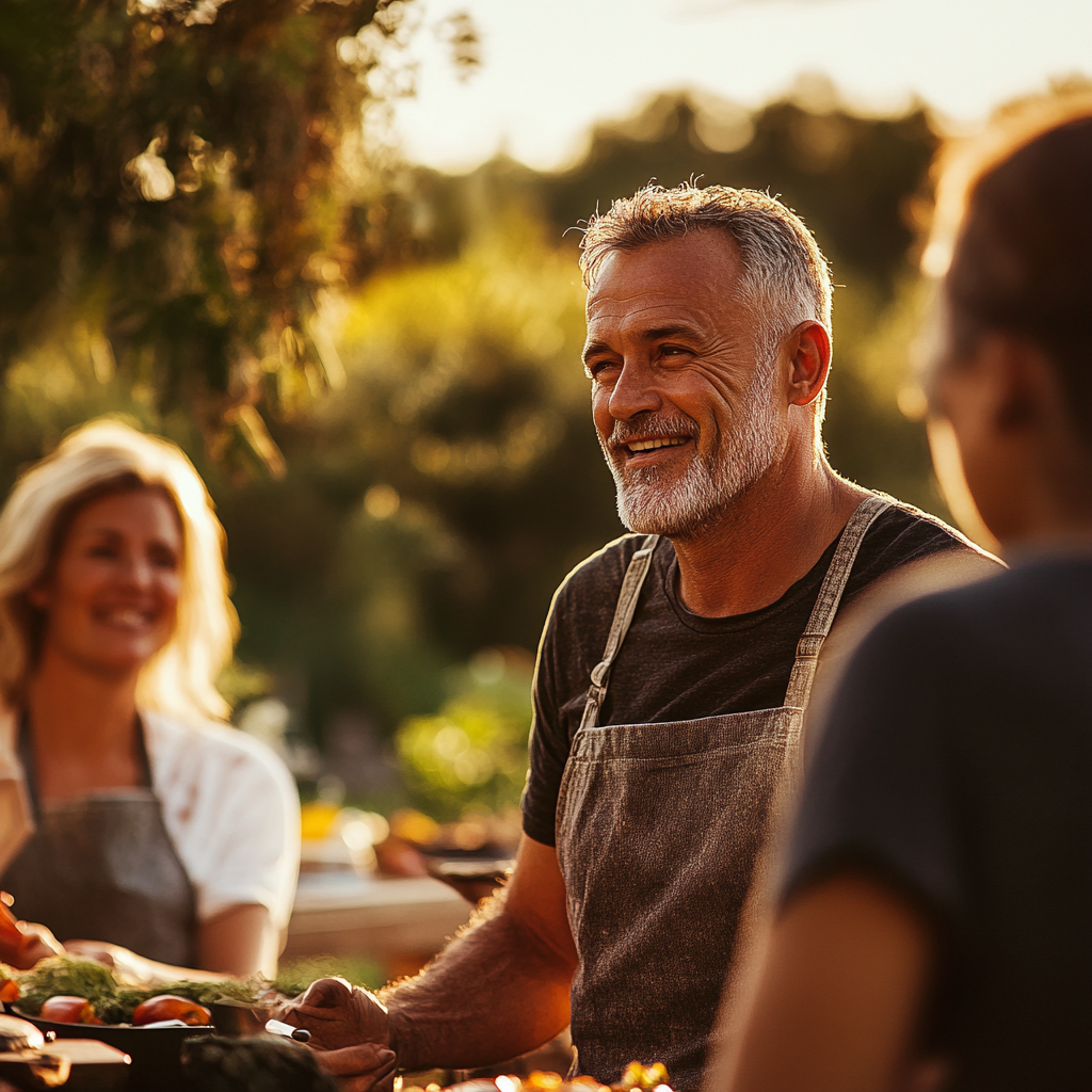 A man talking to his family at a barbecue | Source: Midjourney