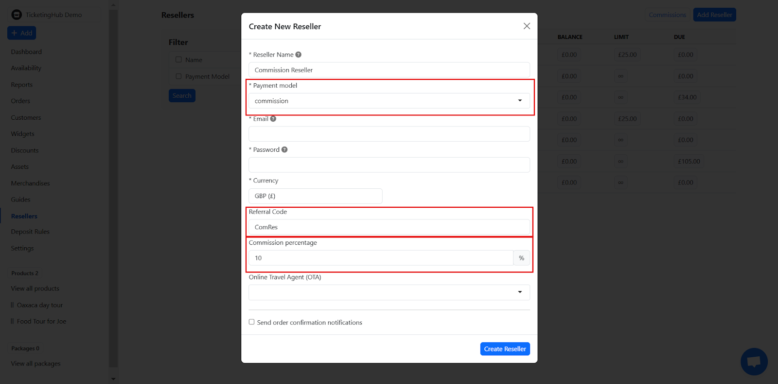 Select commission for the payment model.