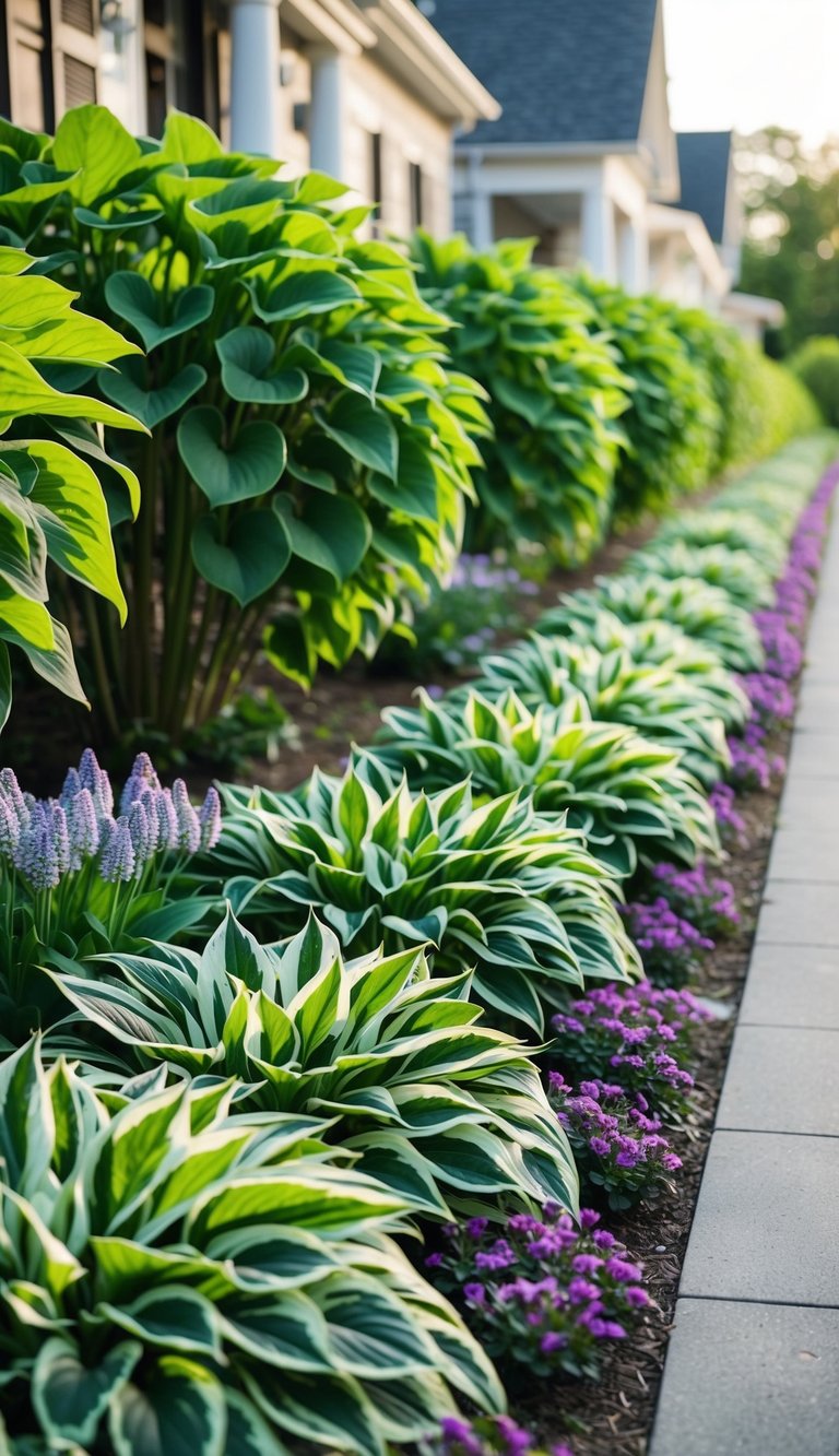 A row of 21 flower beds filled with lush hostas stretches across the front of a charming house. The vibrant green leaves and delicate purple flowers create a beautiful and inviting scene