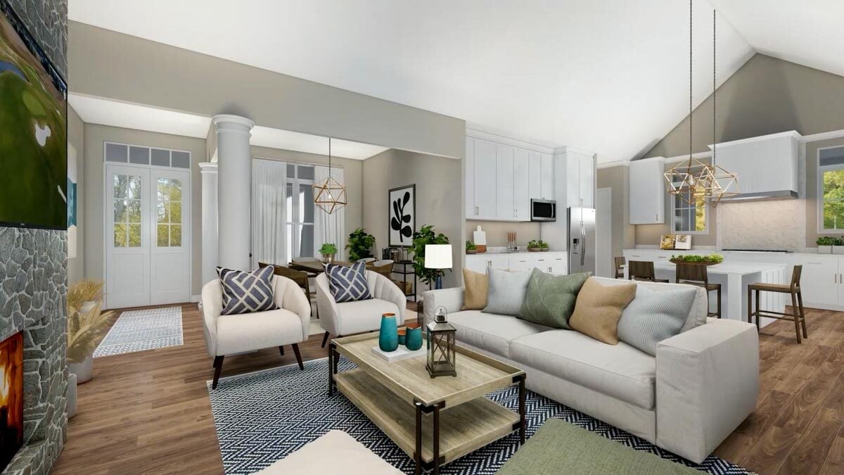 The living room flows right into the kitchen and dining room.