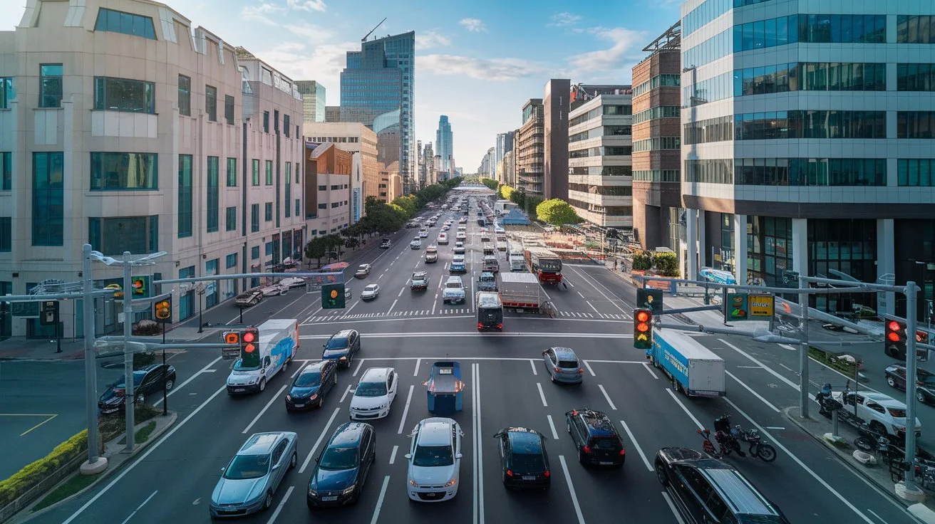 An aerial view of a bustling city with smart traffic lights controlling the flow of vehicles.