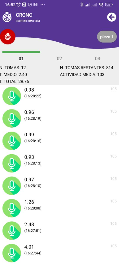 vista ampliada del listado de tiempos de trabajo de nuestro estudio de metodos y tiempos.