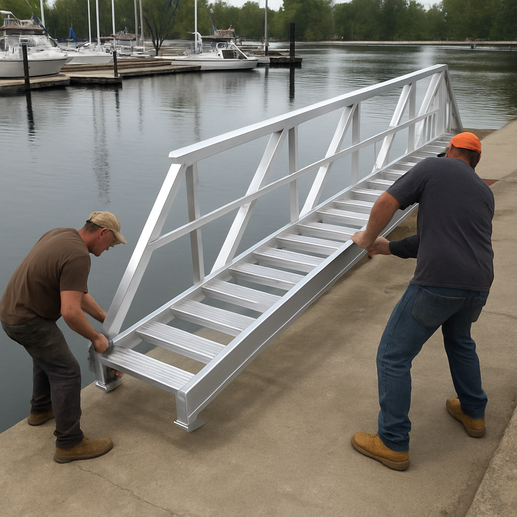 Lightweight aluminum stairs being installed at a marina