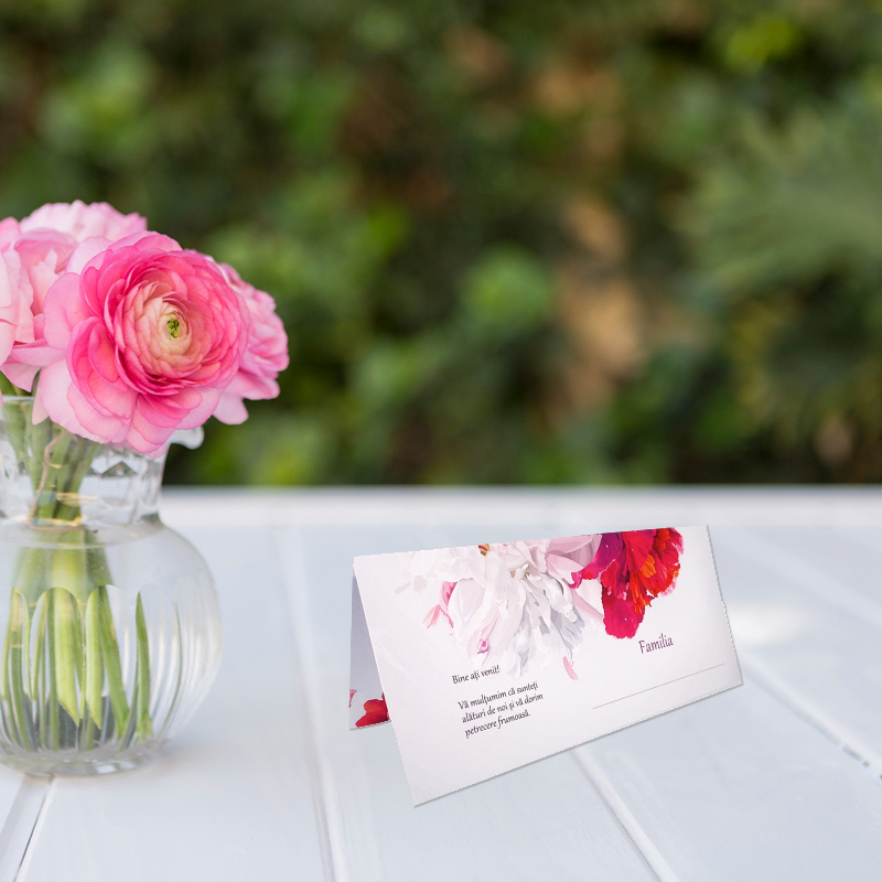 Place card si plic de bani nunta model floral bujori