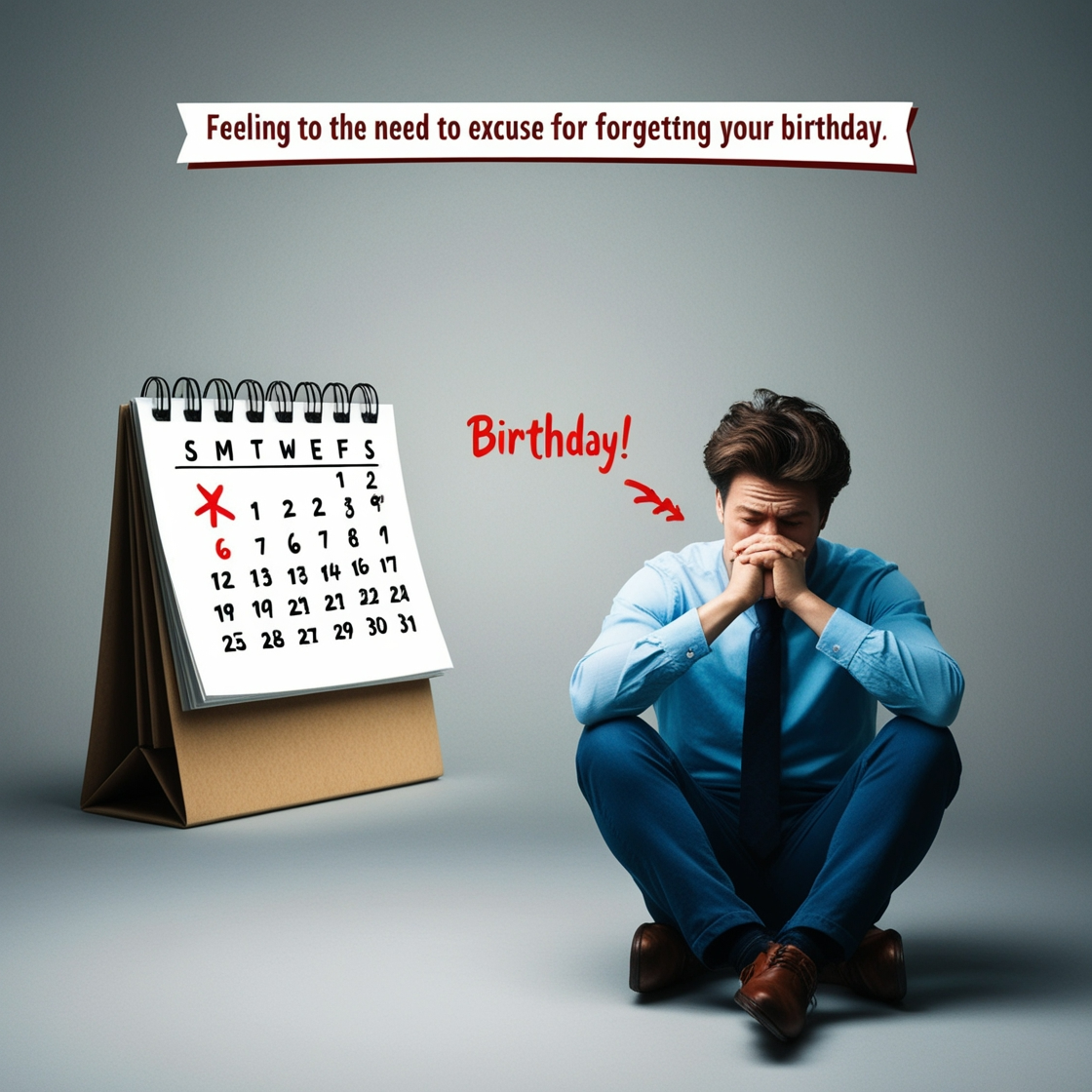 A thoughtful individual sitting alone, reflecting on their actions, with a calendar marked with a missed birthday, illustrating the emotional struggle of feeling the need to offer excuses for forgetting your birthday."