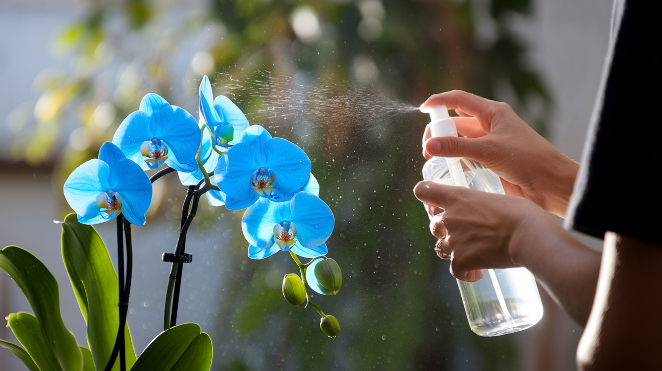 Pessoa cuidando de orquídea azul, borrifando água nas folhas com iluminação de fundo