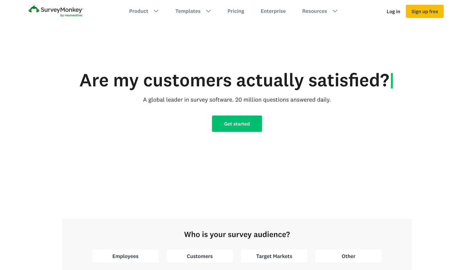 Homepage of Voice of Customer tool SurveyMonkey.