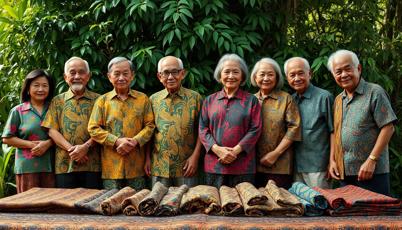A group of esteemed Malaysian batik pioneers, dressed in vibrant, intricate batik attire, stand proudly against a backdrop of lush, verdant foliage. Soft, natural lighting illuminates their faces, conveying a sense of wisdom and artistic passion. In the foreground, their hands work meticulously, guiding dyes and wax to create the mesmerizing patterns that have come to define Malaysian batik. The middle ground features a collection of their iconic batik masterpieces, each a testament to their unwavering dedication and innovative spirit. The overall atmosphere exudes a harmonious blend of tradition, artistry, and the enduring legacy of these pioneers who have shaped the rich tapestry of Malaysian cultural heritage.