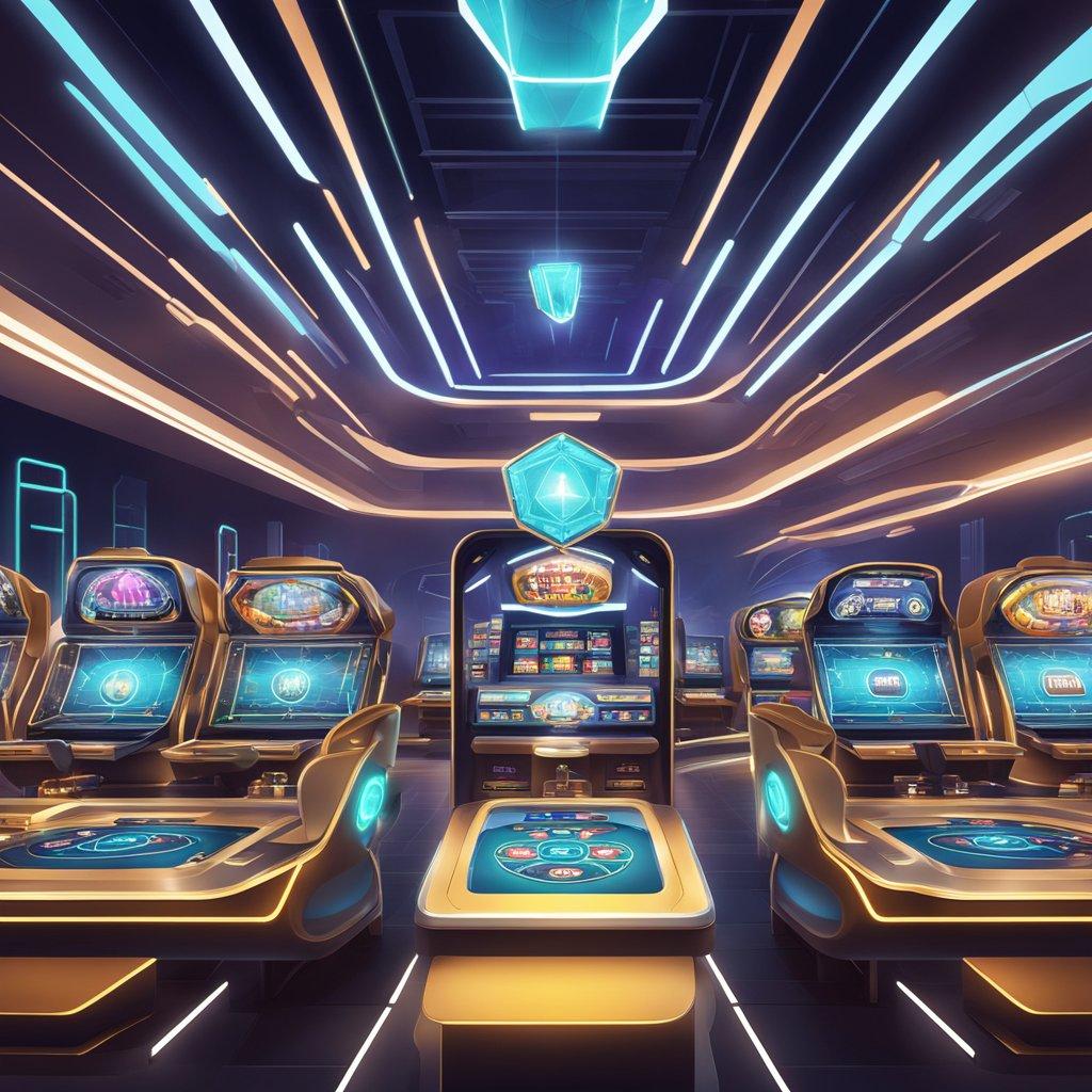 A futuristic Australian online casino with advanced technology and sleek, modern design. Virtual reality and mobile devices are seamlessly integrated for a cutting-edge gaming experience