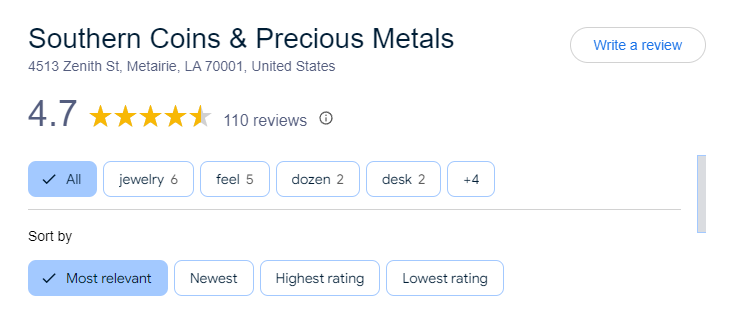 Southern Coins and Precious Metals reviews on Google