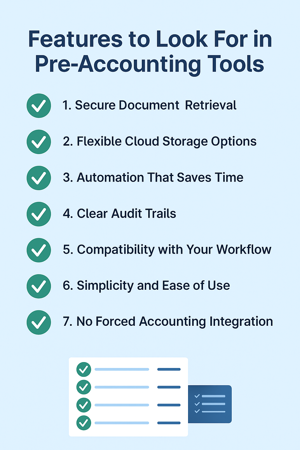 A flat-design infographic titled “Features to Look For in Pre-Accounting Tools” displays icons and brief descriptions of key capabilities such as secure document retrieval, cloud storage flexibility, automation, audit trails, workflow compatibility, ease of use, and no forced accounting integration.