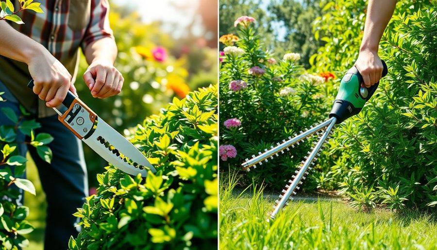Two different hands with one holding a manual trimmer and the other holding an electric trimmer around a green grass. It's calling attention on Manual vs electric trimmers