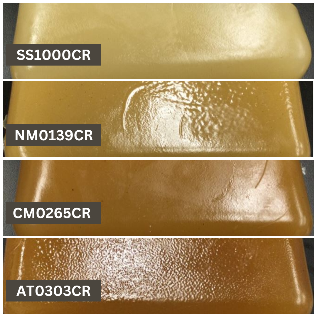 Four types of LD Davis gelatin glue blocks close up to see the color variation from lighter to darker.