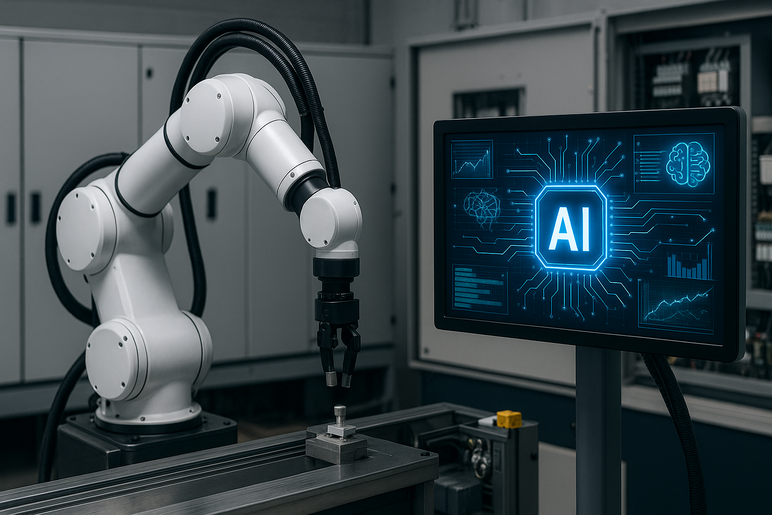 An industrial setting featuring a white robotic arm positioned over a small object on a metallic surface, alongside a monitor showing a glowing "AI" symbol surrounded by brain and circuit board imagery.