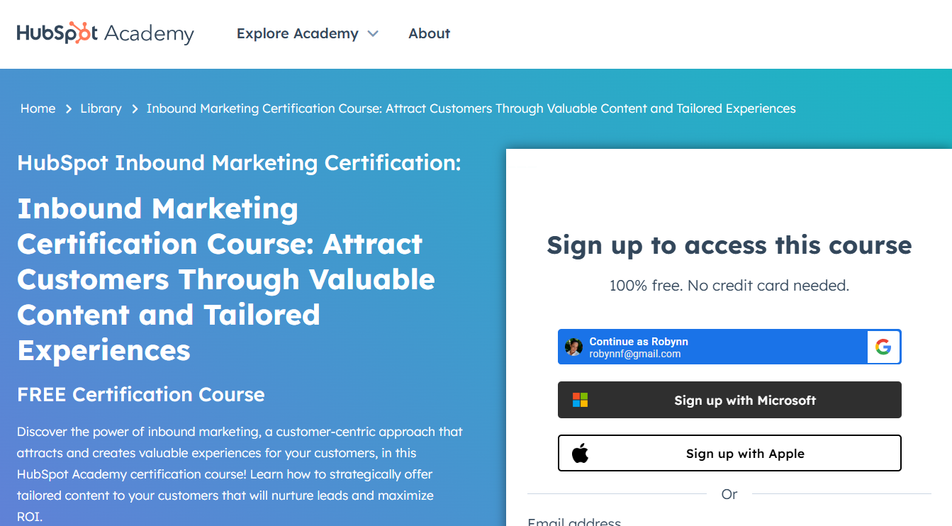 Inbound marketing certification (HubSpot Academy landing page)