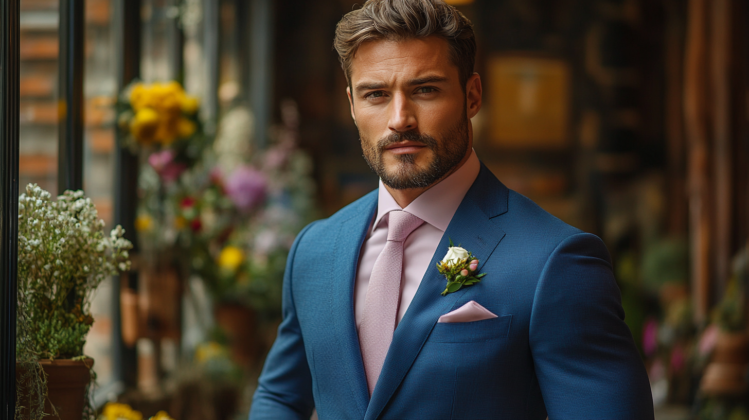 A full-body shot of a stylish man in a sharp blue suit, pastel pink dress shirt, and a complementary tie, standing elegantly in an upscale wedding venue. Soft natural lighting highlights the richness of his suit fabric as he adjusts his cufflinks. The background features floral decorations and refined architecture, enhancing the romantic and modern aesthetic.