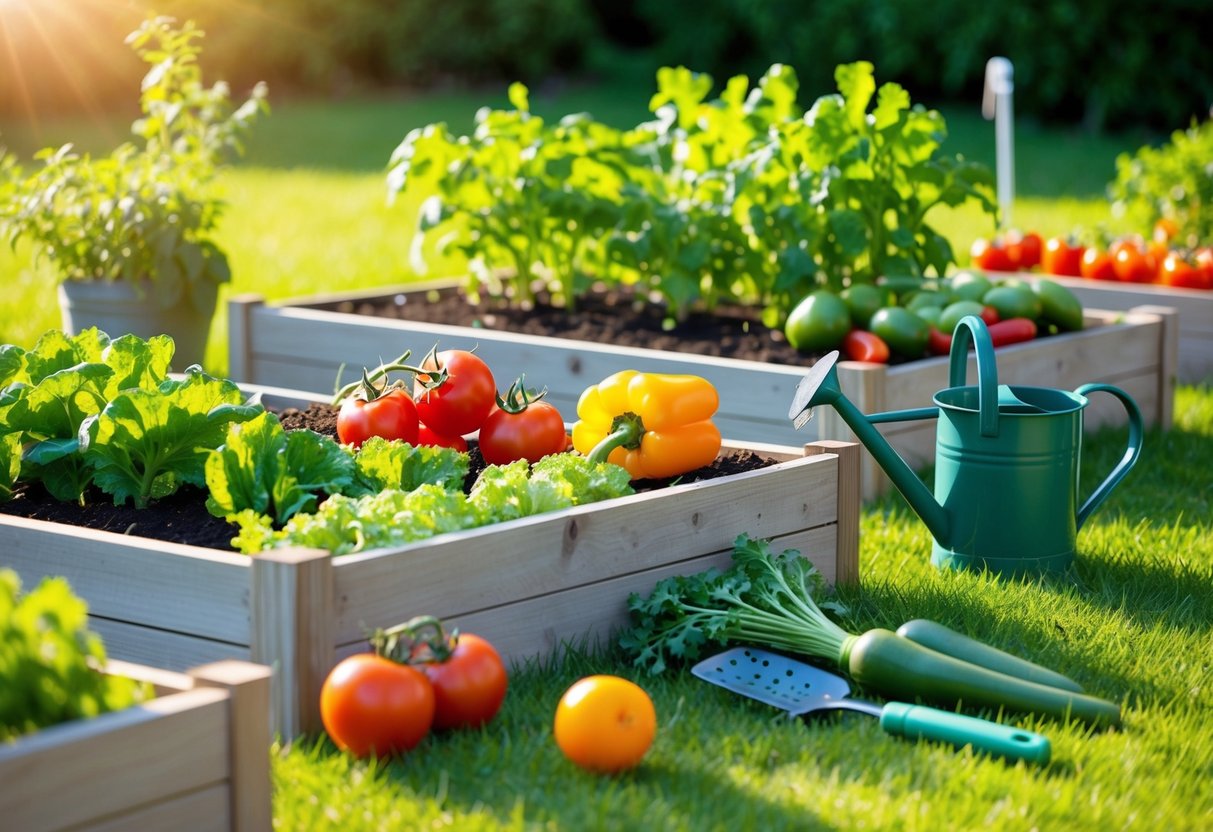 A sunny garden with raised beds, each containing a variety of easy-to-grow vegetables such as tomatoes, lettuce, carrots, and peppers. A watering can and gardening tools are nearby