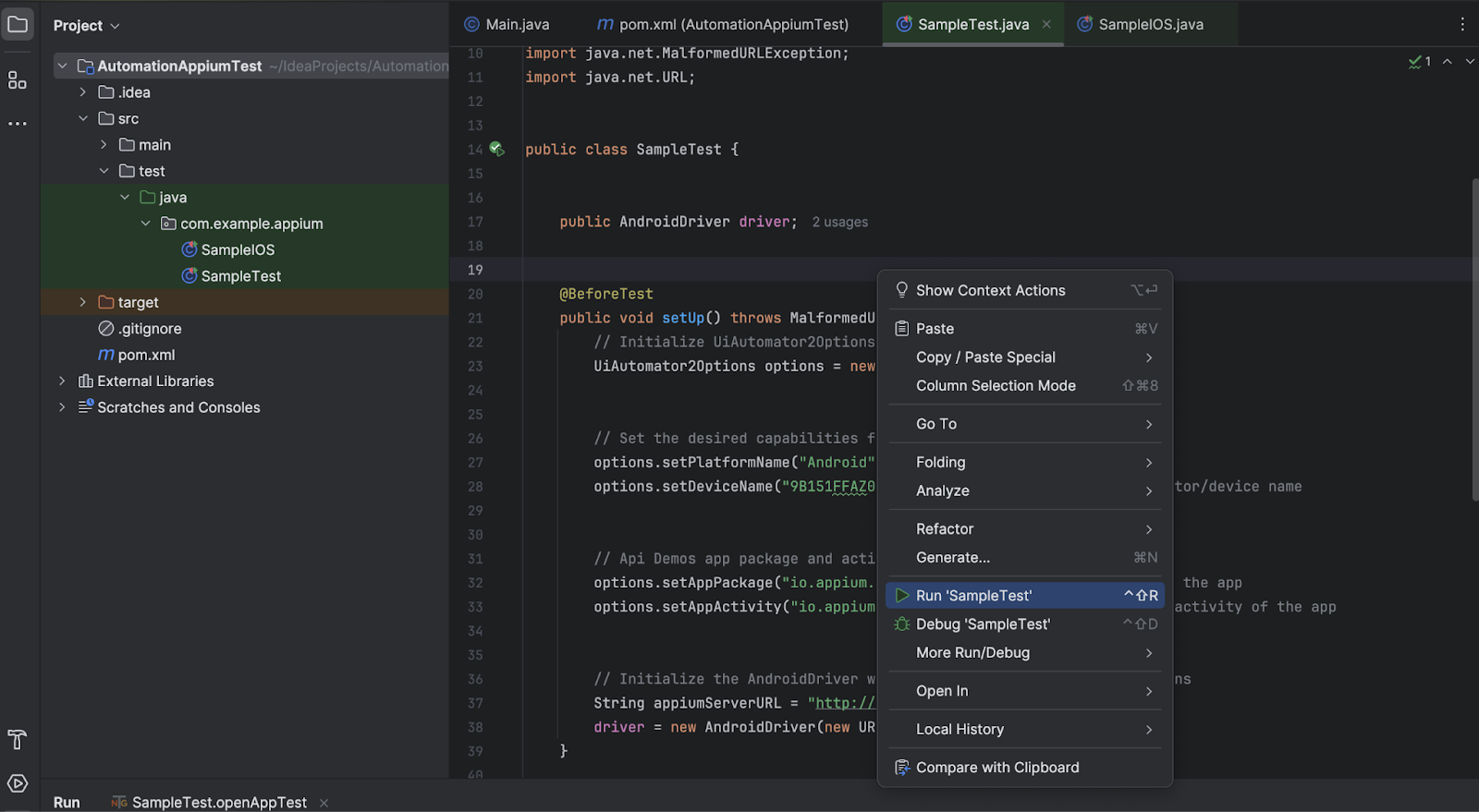 Screenshot of IntelliJ IDEA showing the Appium test case ready to be executed. The code editor displays the test class, and the right-click context menu is open, highlighting the option to 'Run SampleTest.' The project structure on the left shows the test files and directories