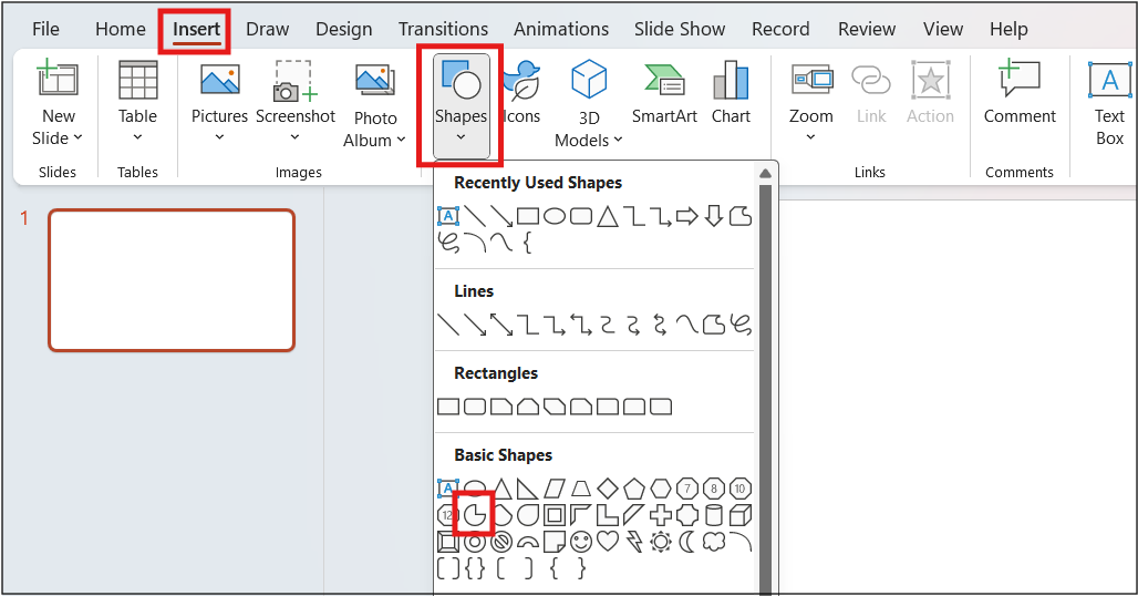 Insert > Shapes > Pie Shape under Basic Shapes options are highlighted.