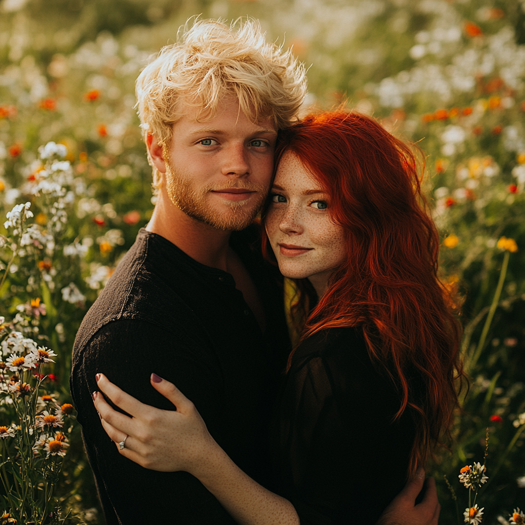 A couple in a field of flowers | Source: Midjourney