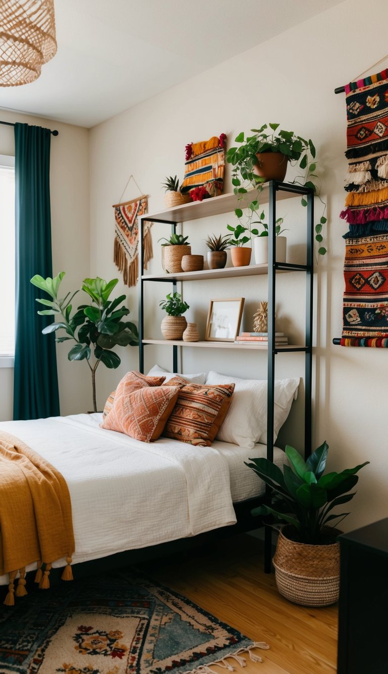 A customizable shelf system holds boho decor in a cozy bedroom with plants, rugs, and eclectic wall art